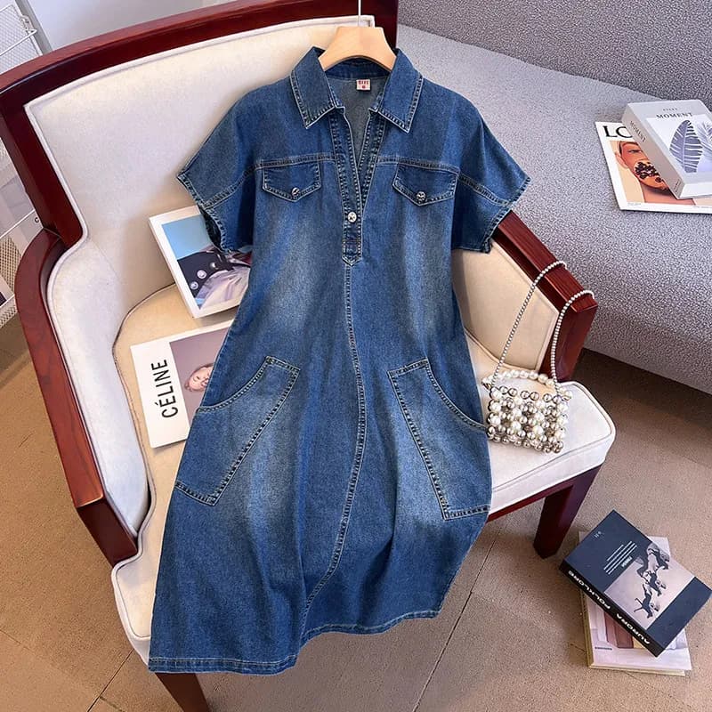 Women's Summer Blue Denim Dress Short Sleeve Lapel Slim Fit Casual Short Jean Dress