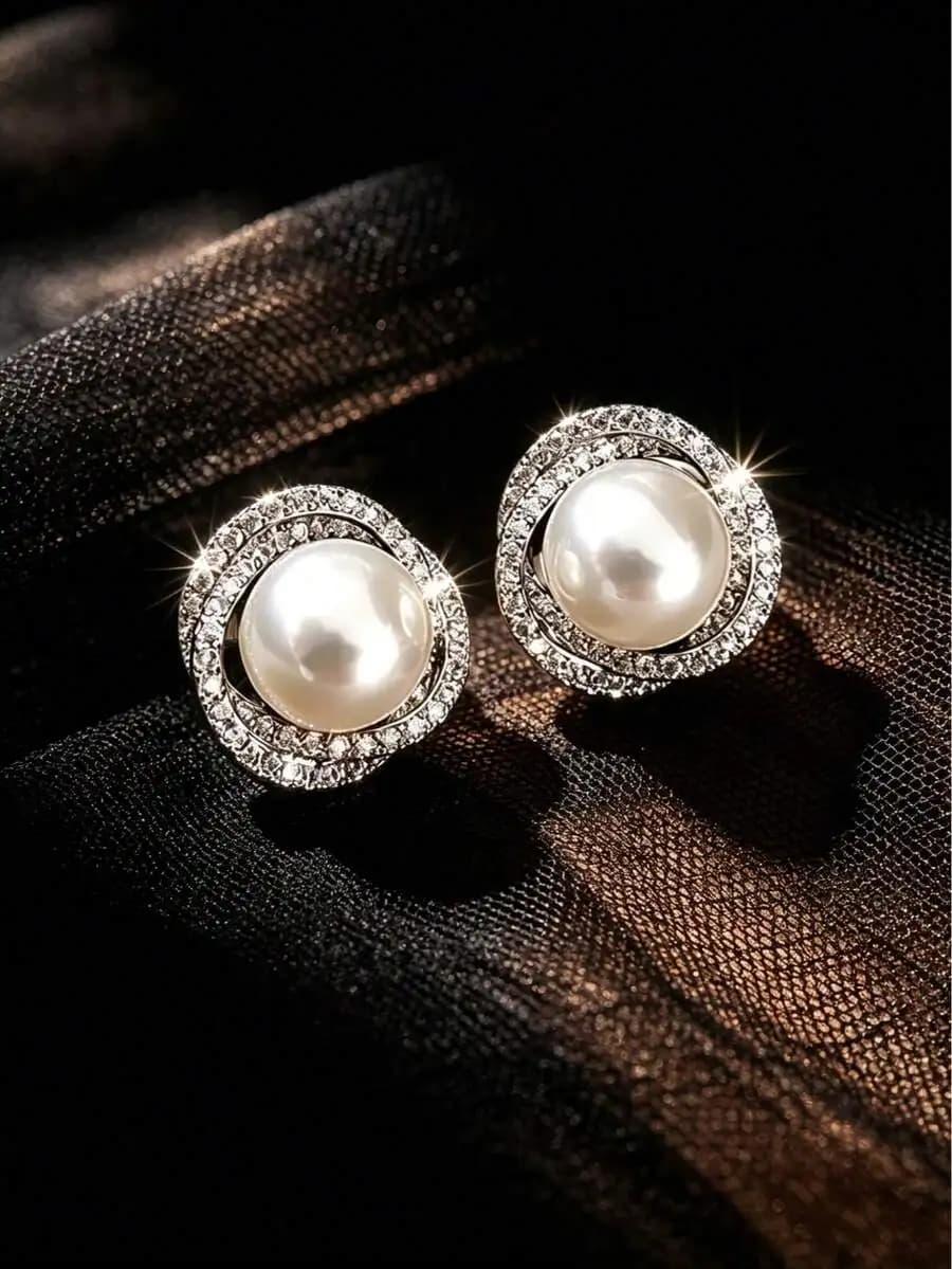 1 Pair Fashion Faux Pearl Earrings, Women's Platinum Flower Earrings, Crystal Jewelry, Suitable For Party Wear
