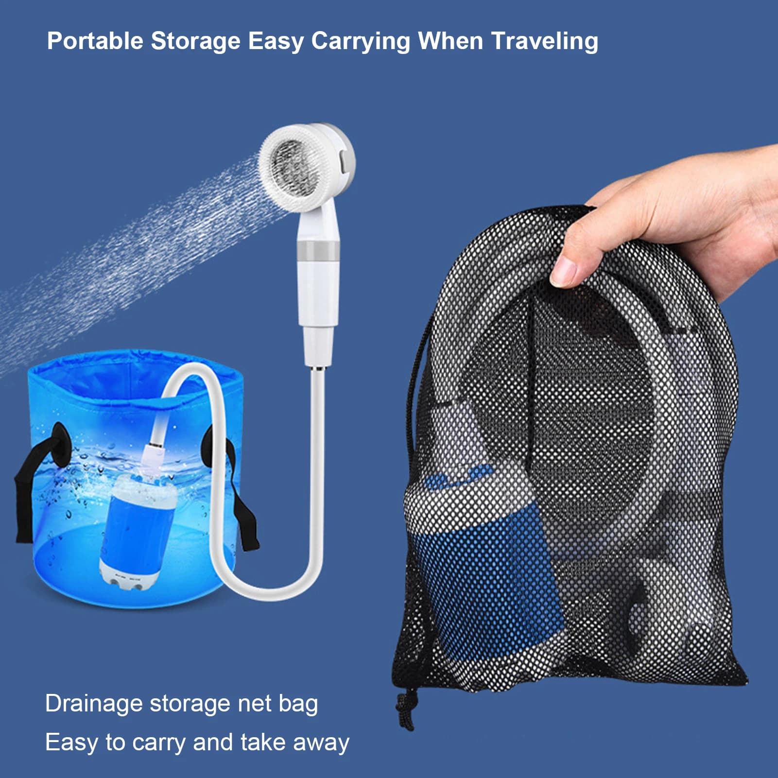 Portable Outdoor Shower Battery Powered Handheld Camping Showerhead 2 Spray Modes 2M Long Hose
