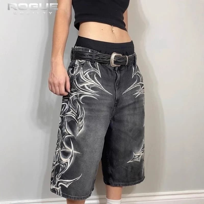Bermuda Estive HipHop Y2k da Uomo, Pantaloncini in Denim Larghi con Stampa Grafica Gotica, Effetto Vissuto, Stile Vintage Casual HighStreet