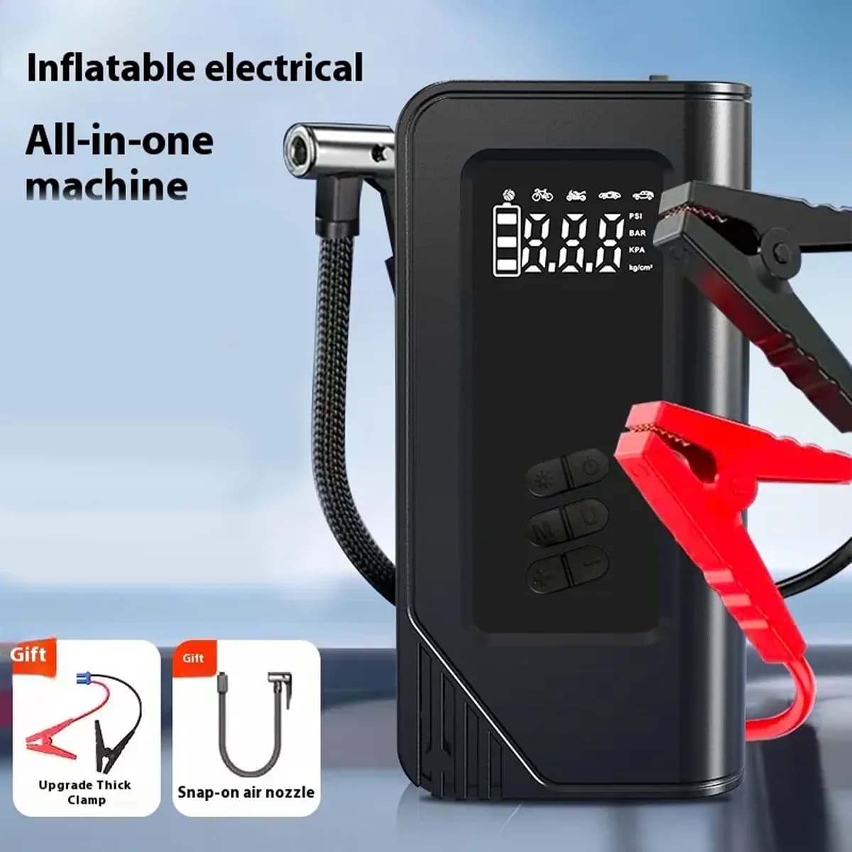 Avviatore di emergenza per auto 1000A con gonfiatori per pneumatici Accumulatori e caricabatterie di riserva da 8000 mAh Luce a LED Booster per batteria per auto con compressore d'aria per pompa d'aria digitale