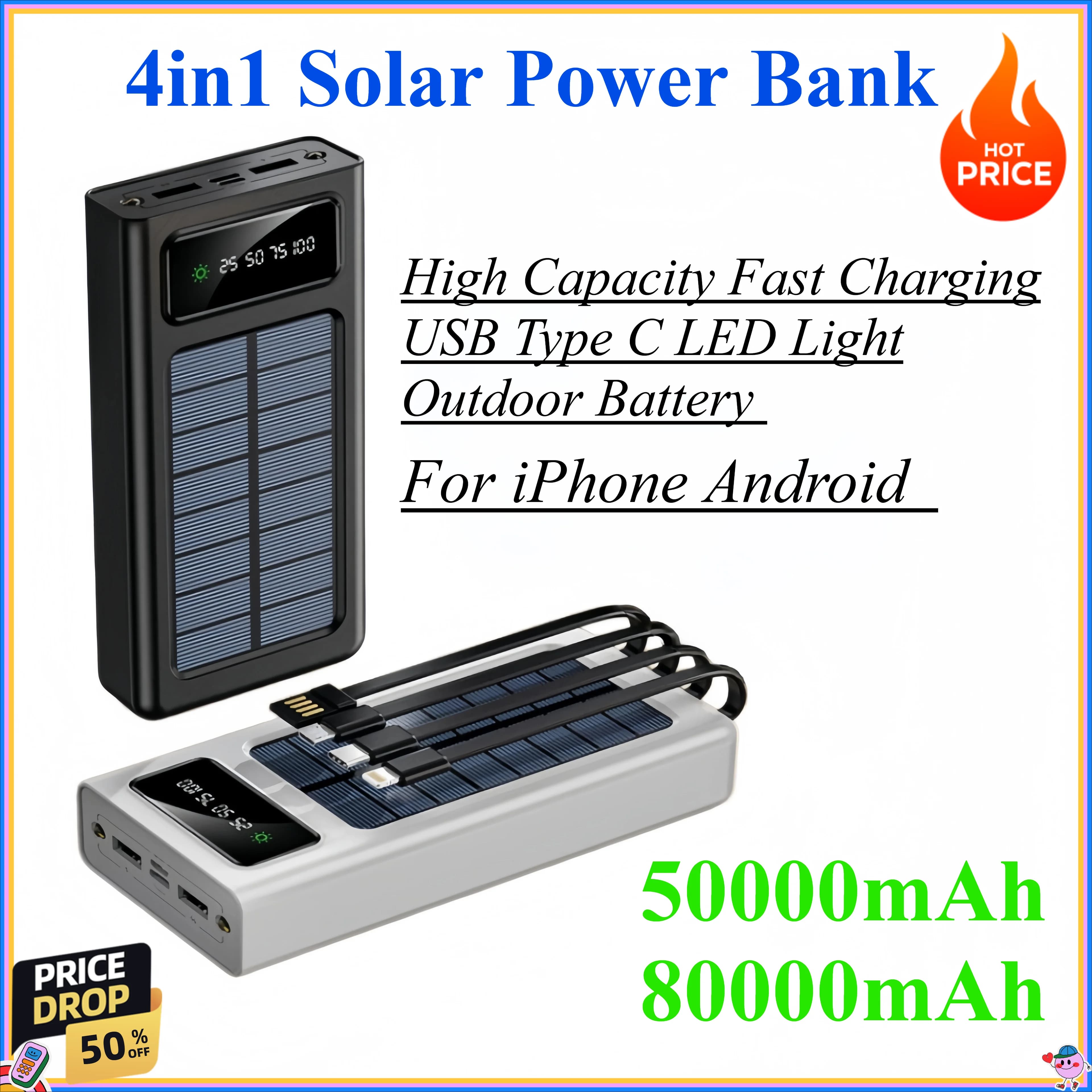 Power Bank Solare 4-in-1 da 50000mAh 80000mAh, Ricarica Rapida USB Type-C, Luce LED, Batteria Esterna per iPhone Samsung