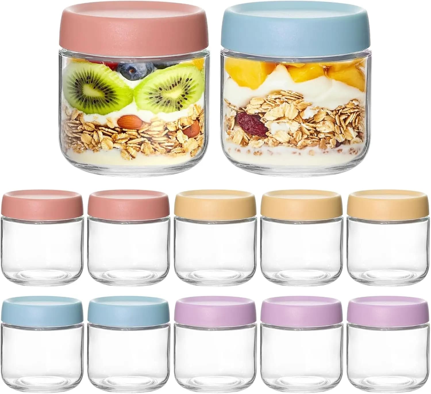 Set di 12 Contenitori per Overnight Oats con Coperchi, Barattoli a Bocca Larga da 10 oz con Coperchi Ermetici, Contenitori per Preparazione Pasti e Conservazione Alimenti