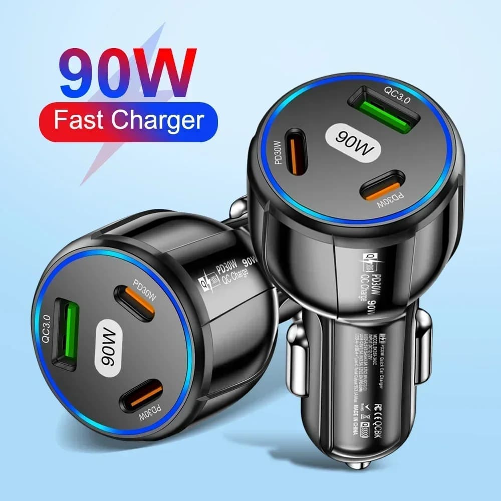 Caricabatteria da auto 3 in 1 da 90 W Ricarica rapida 3.0 PD Tipo C USB Ricarica rapida per telefono cellulare per adattatore per caricabatterie rapido Xiaomi Samsung