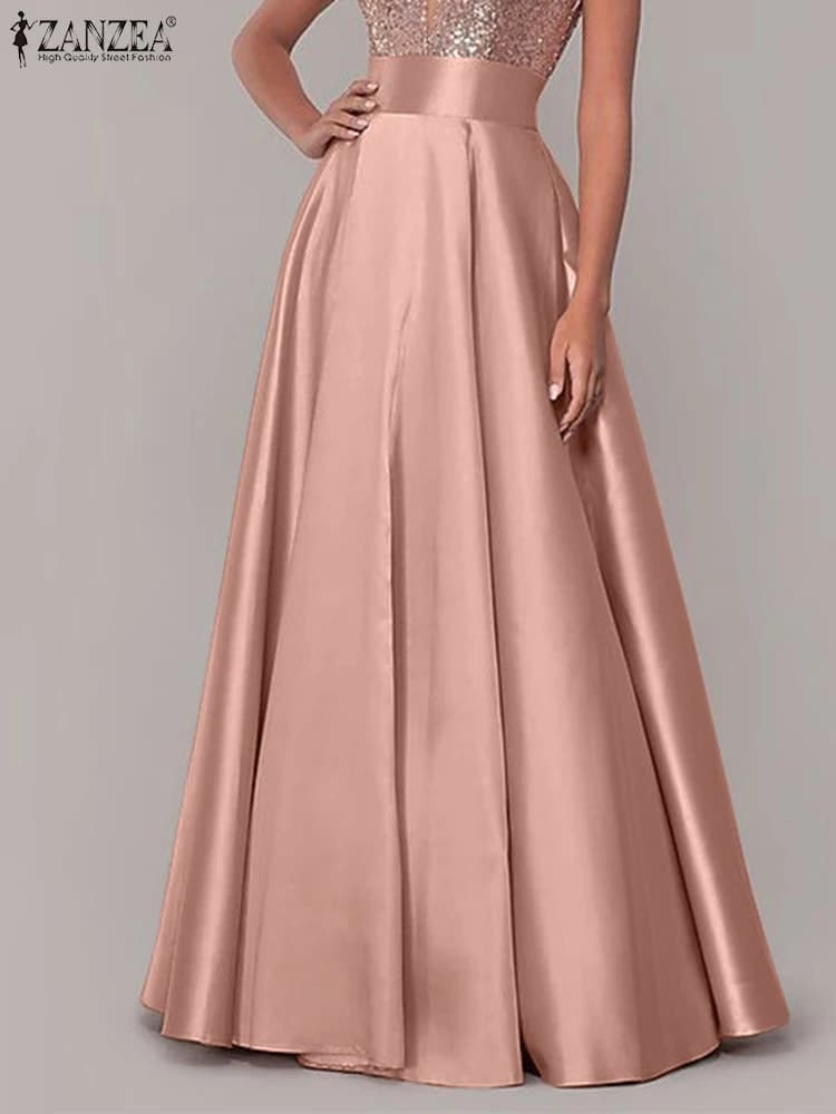 ZANZEA Elegant Long skirt Woman's Summer in High Waist satin, A-line style, for parties, Work, OL, Long dress, Faldas, Saia