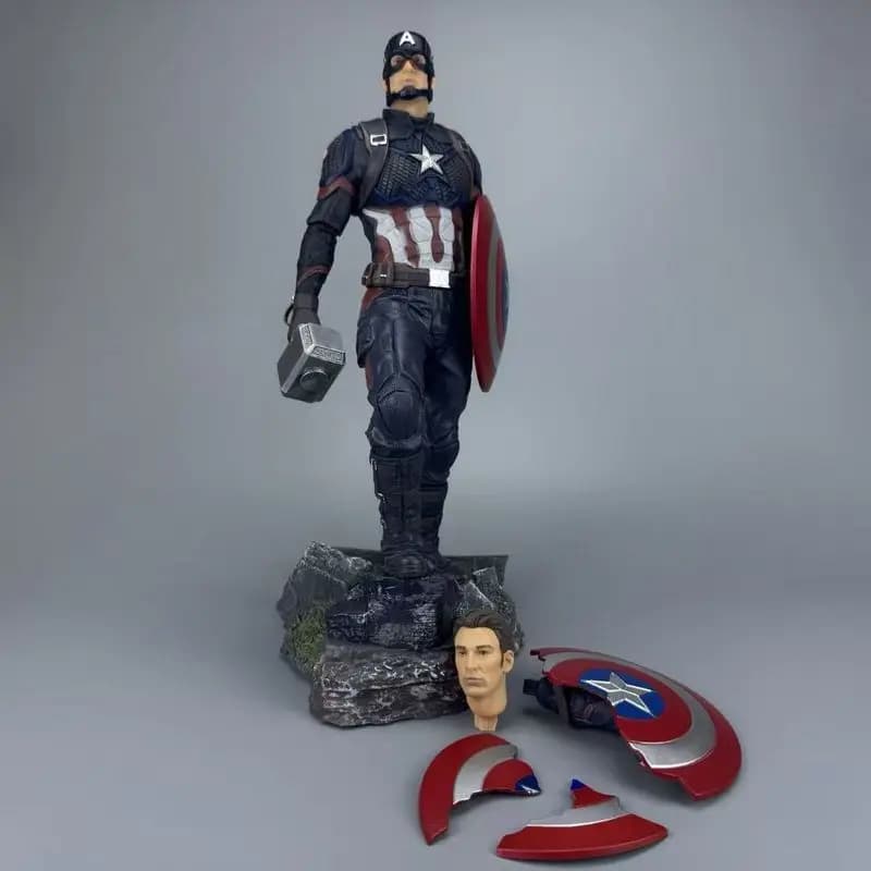 Statua Decorativa da Scrivania di Captain America Marvel con Doppia Testa Intercambiabile, 43cm, Action Figure dei Vendicatori, Regalo per Uomini