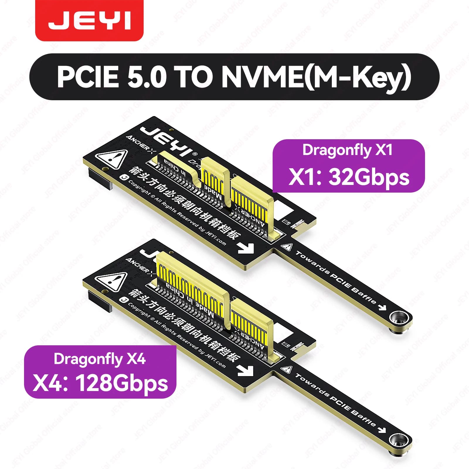 JEYI Dragonfly Series Flat PCIe 5.0 to NVMe Adapter Card Mini No GPU Obstruction Only M.2 M-Key NVMe SSD Optional X1/X4 version
