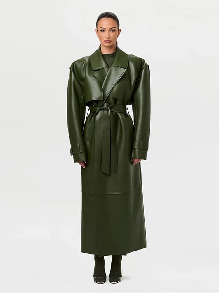 Women's French Women's Coats PU Trained Laple Belt with Lace Full Sleeve Long Jackets Women's 2025 Autumn Winter Fashion Lady Outwears