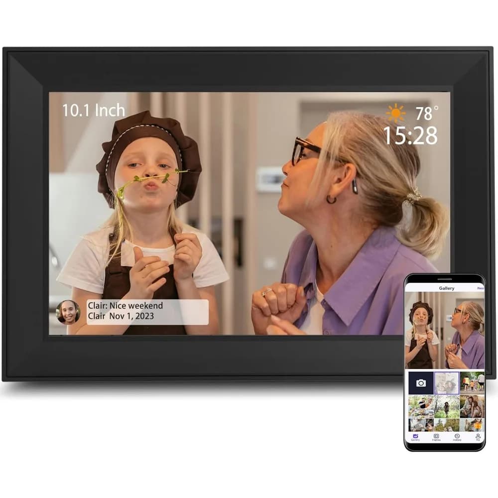 Cornice Digitale WiFi da 10.1 Pollici, Schermo Touch IPS 1280x800, Rotazione Automatica, Facile Condivisione di Foto e Video, Regalo