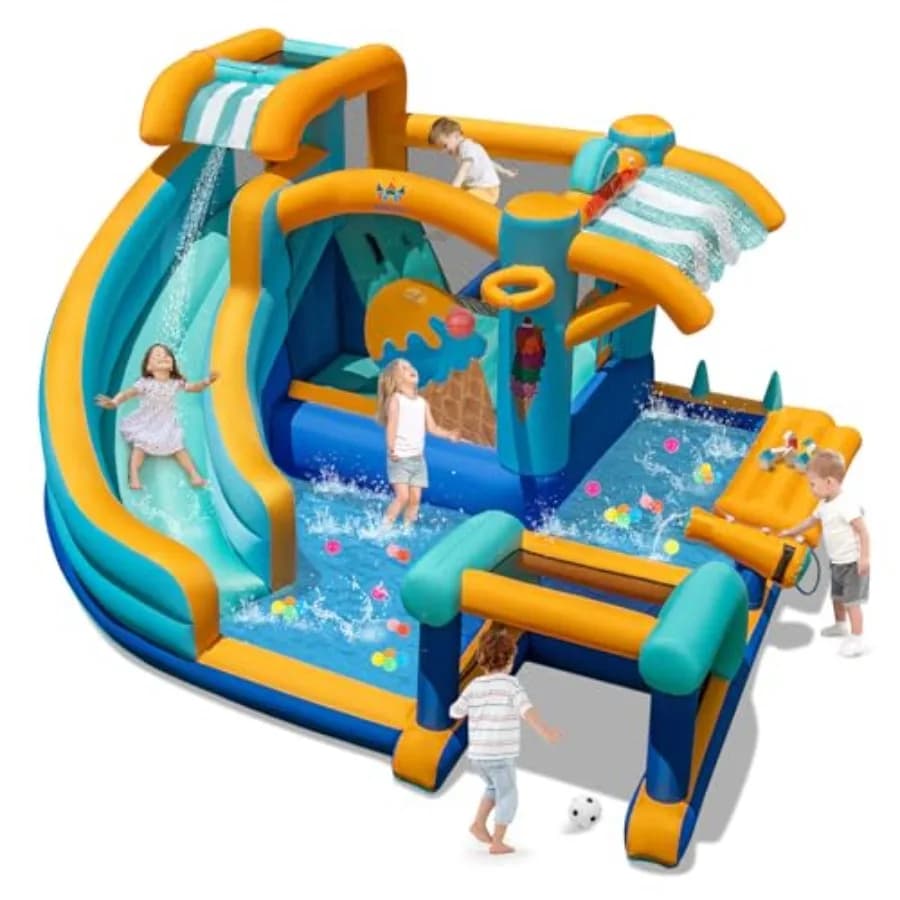 Scivolo acquatico gonfiabile da esterno/interno per bambini da 3 a 12 anni con piscina, porta da calcio e canestro da basket - Castello gonfiabile per saltare