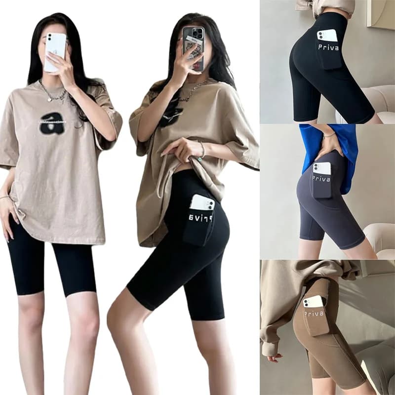 Pantaloncini da yoga estivi da donna Tasca a vita alta da allenamento Leggings con orlo a squalo Pantaloncini da motociclista in spandex con controllo della pancia