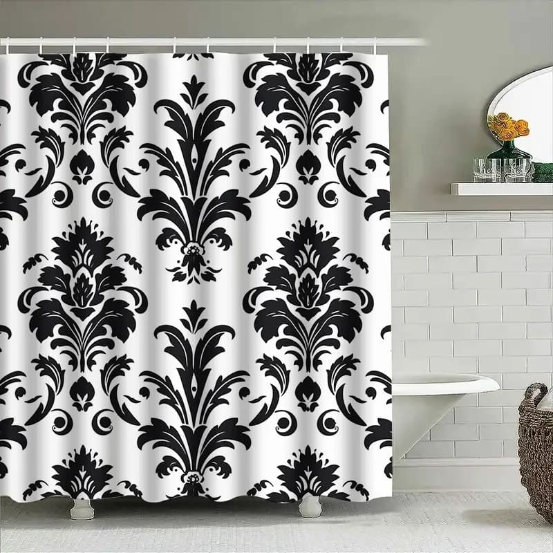 Tenda da doccia damascata bianca nera, tessuto da bagno impermeabile, decorativo, lungo bagno, doccia, abbigliamento, decorazioni per il giardino di casa, set di 1 pannello