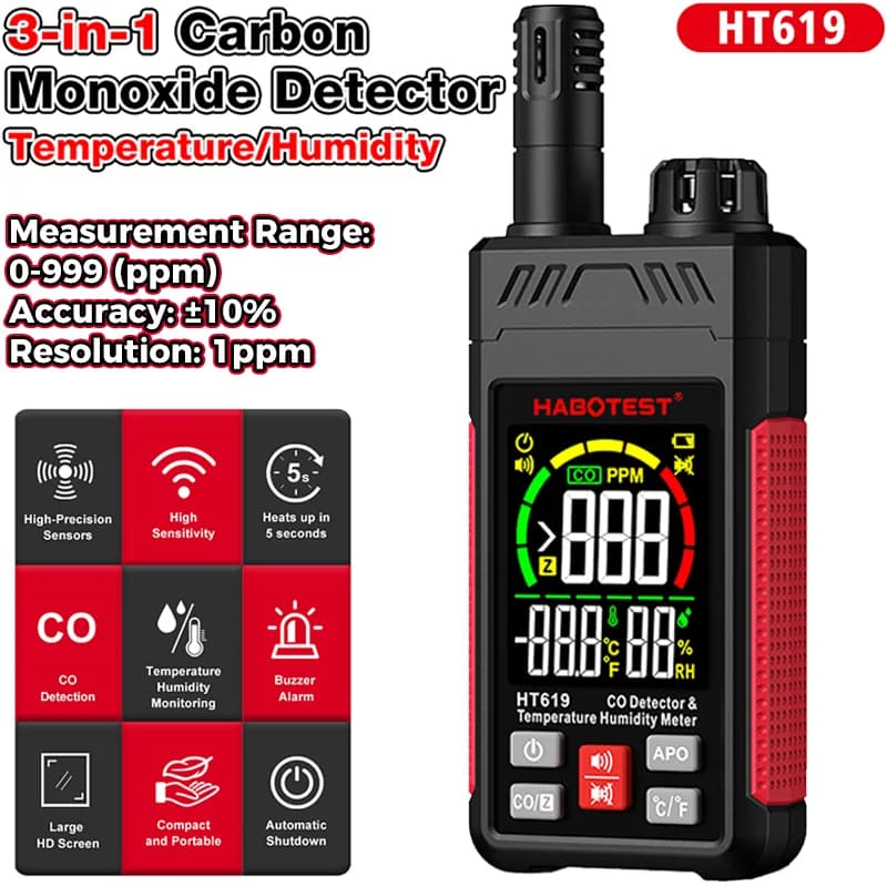 3in1 Carbon Monoxide Detector Temperature/Humidity Detection 999PPM High-Precision CO Gas Tester Portable Carbon Monoxide Meter