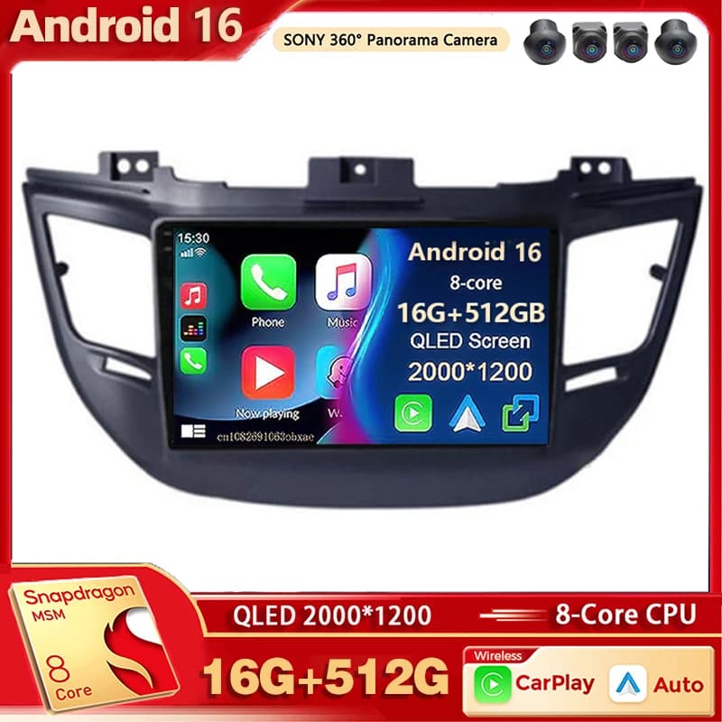 Autoradio multimediale Android 16 per Hyundai Tucson IX35 3 2015 2016 2017 2018 con Carplay wireless, Bluetooth, Wi-Fi e 4G.