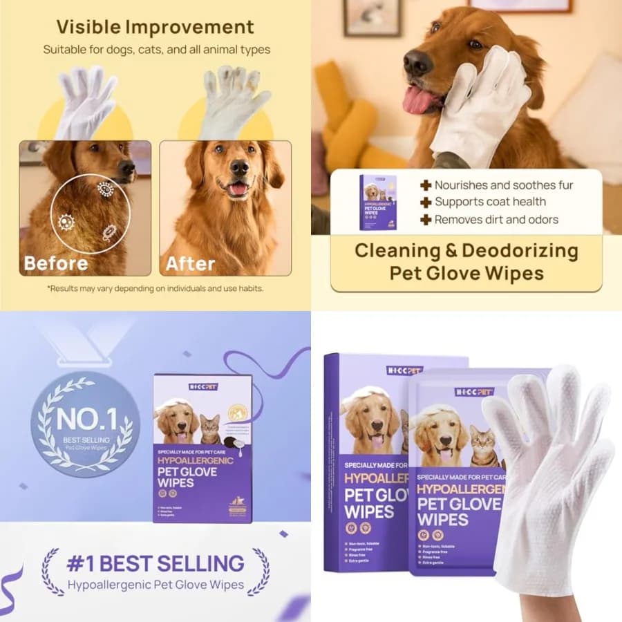 Salviette Guanto Detergenti e Deodoranti per Cani e Gatti, Consigliate dai Veterinari, Ipoallergeniche, Idratanti e Nutrienti per il Pelo, Salviette Guanto per la Toelettatura degli Animali Domestici