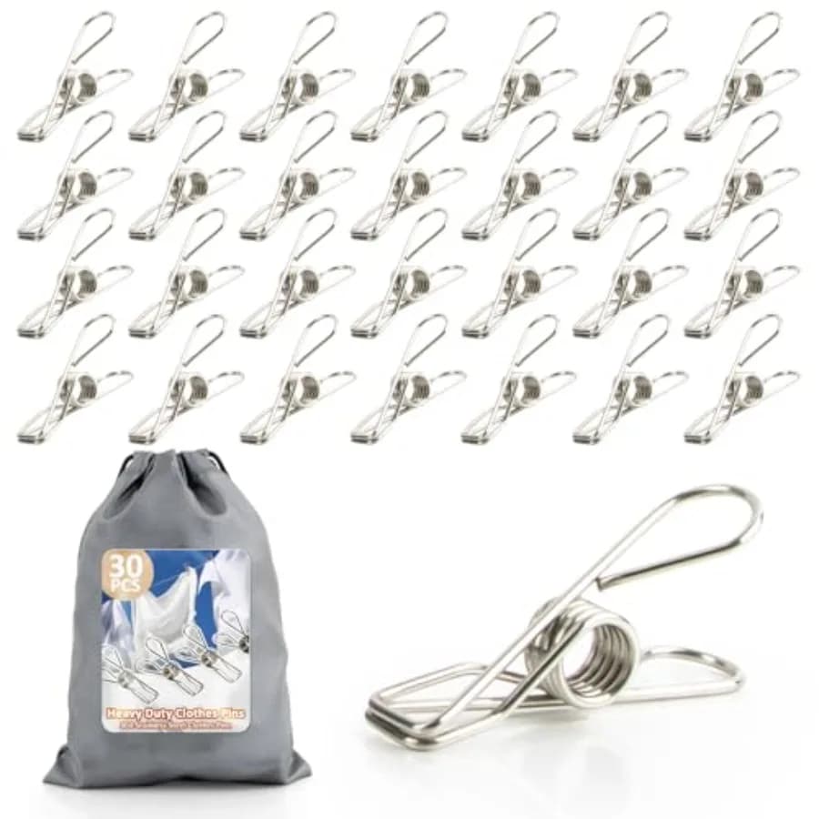 30Pack Clothes Pins Heavy Duty - Outdoor Metal Clothes Pin with Waterproof Bag, Stainless Steel Clothespins, Laundry Clip, Idea