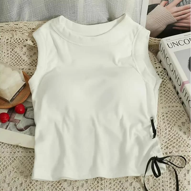 ITOOLIN Women Solid Crop Tops Summer Elastic Casual O-Neck Knitted Tank Tops With Bra Pad Lace up Top Cotton Chic Slim Camis