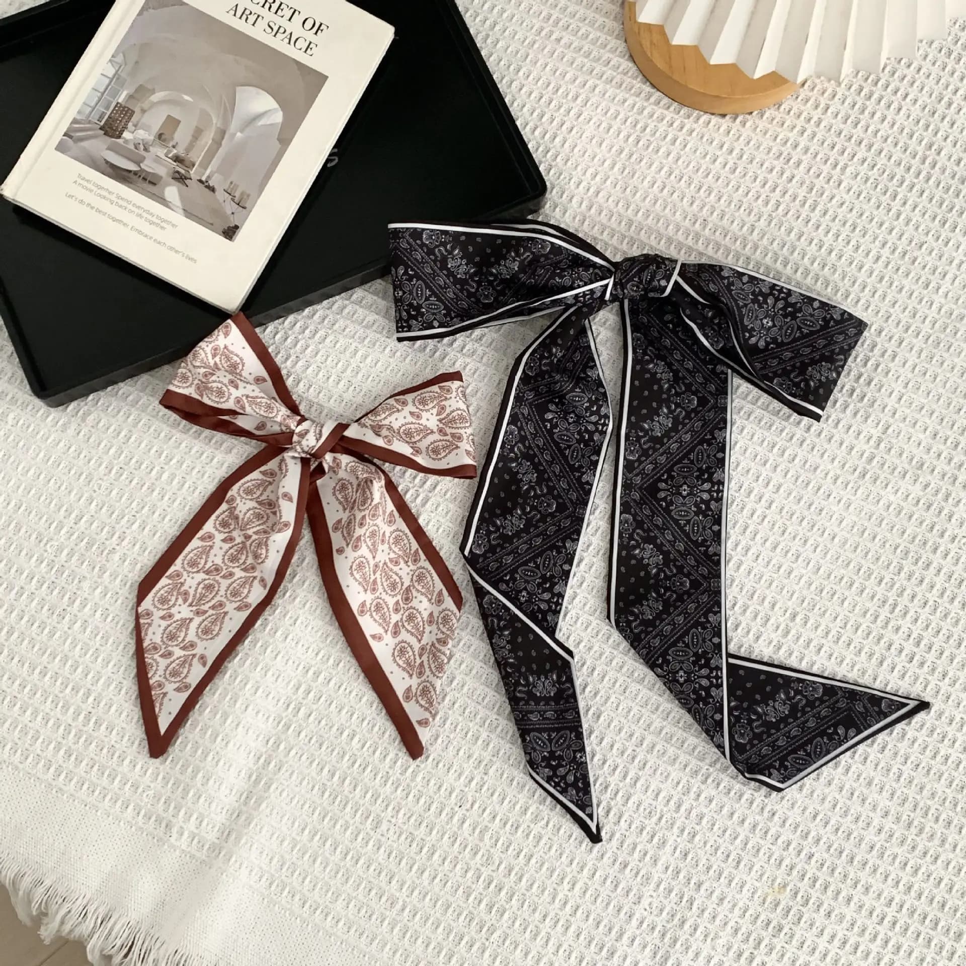 Elegant Retro Long Paisley Silk Scarf Women Autumn Winter Diagonal Ribbon Head Hair Tie Neck Wrap Khaki Lightweight