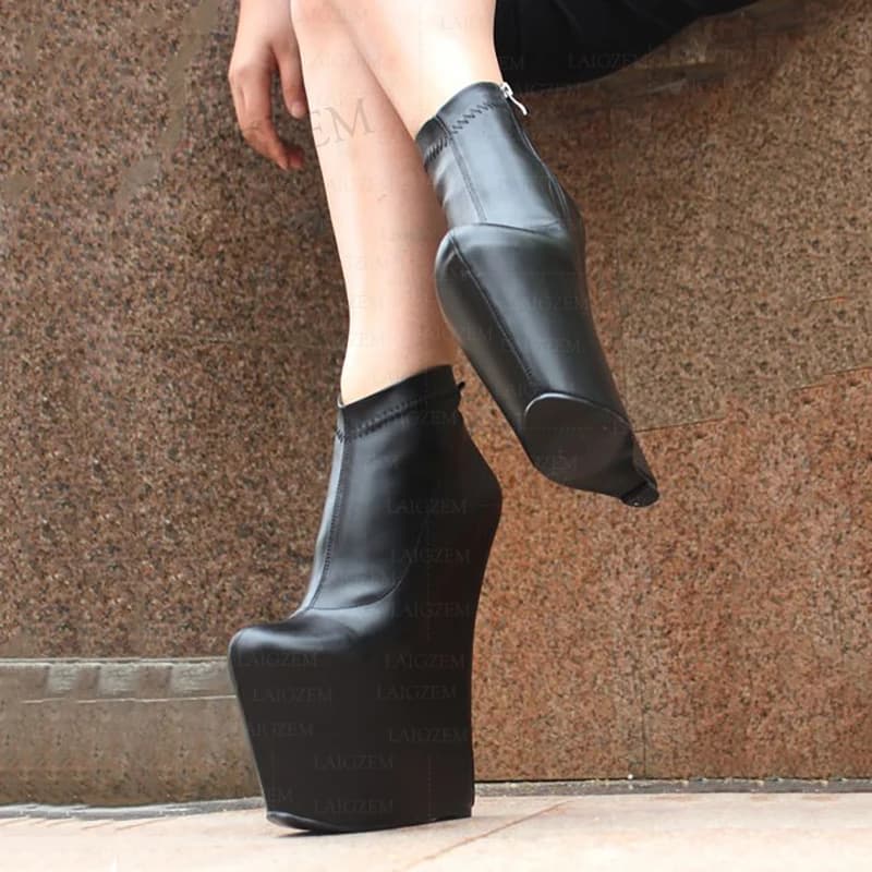 DOHBANER Women Ankle Boots Side Zip Platform 20CM Wedges High Heels Faux Leather Ladies Boots Shoes Woman Big Size 41 43 46 48