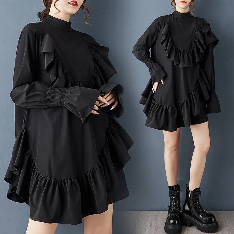 Abito Elegante Stile Hepburn Autunnale, Vestito Nero Asimmetrico a Maniche Lunghe, Aderente con Vita Stretta, Gonna da Donna
