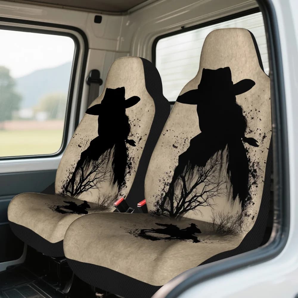 2pcs Cowboy Silhouette Adventure Print Car Seat Covers – Universal Front Seat Protectors For Cars, SUVs & Sedans, Easy Installat
