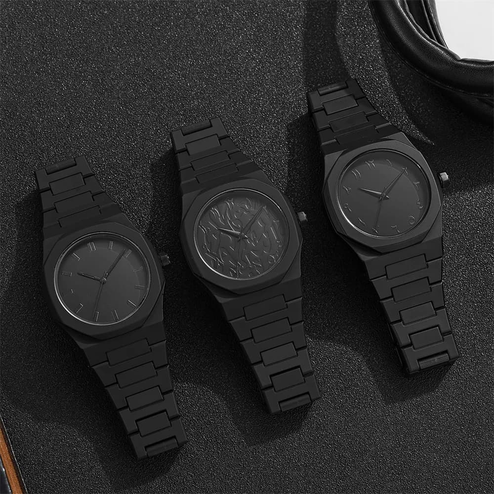 Men's Quartz Watch with Fashionable Simple Black Big Dial, Casual, Polycarbonate Butterfly Clasp Strap, Men's Waterproof Wrist Watch
