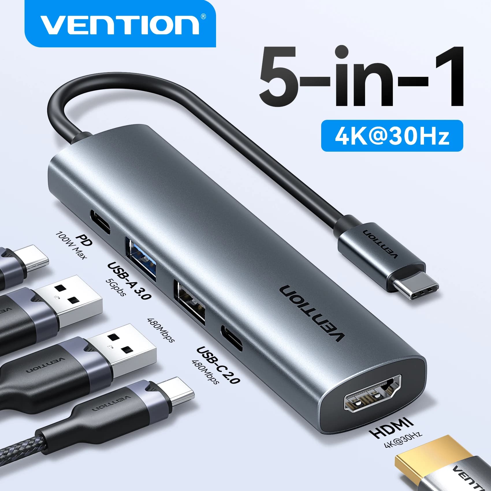 Vention 5 in 1 USB C Hub 4K HDMI USB HUB Adattatore multiporta da 100 W per MacBook Pro/Air Laptop iPhone 16 15 Docking station USB 3.0