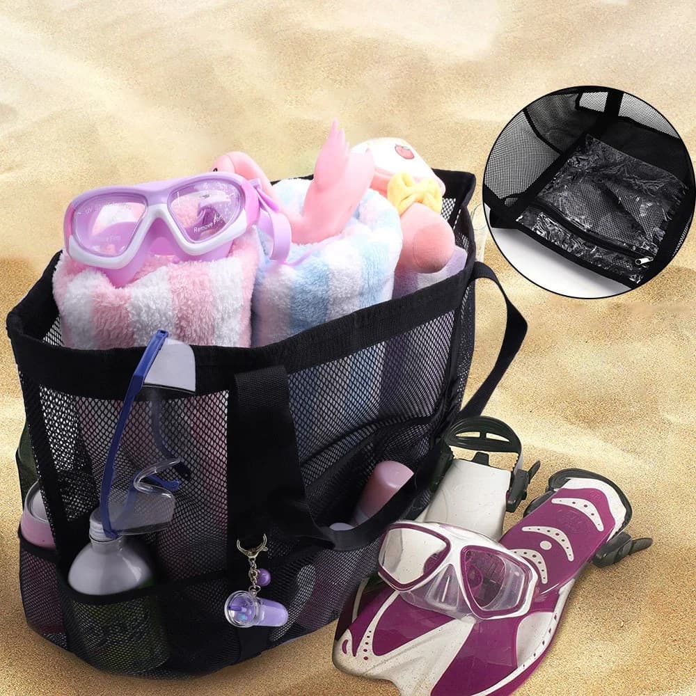 Borsa da Spiaggia Multifunzione in Rete, Borsa Cosmetica Portatile con 9 Tasche, Organizer da Viaggio per Asciugamani e Articoli da Toilette