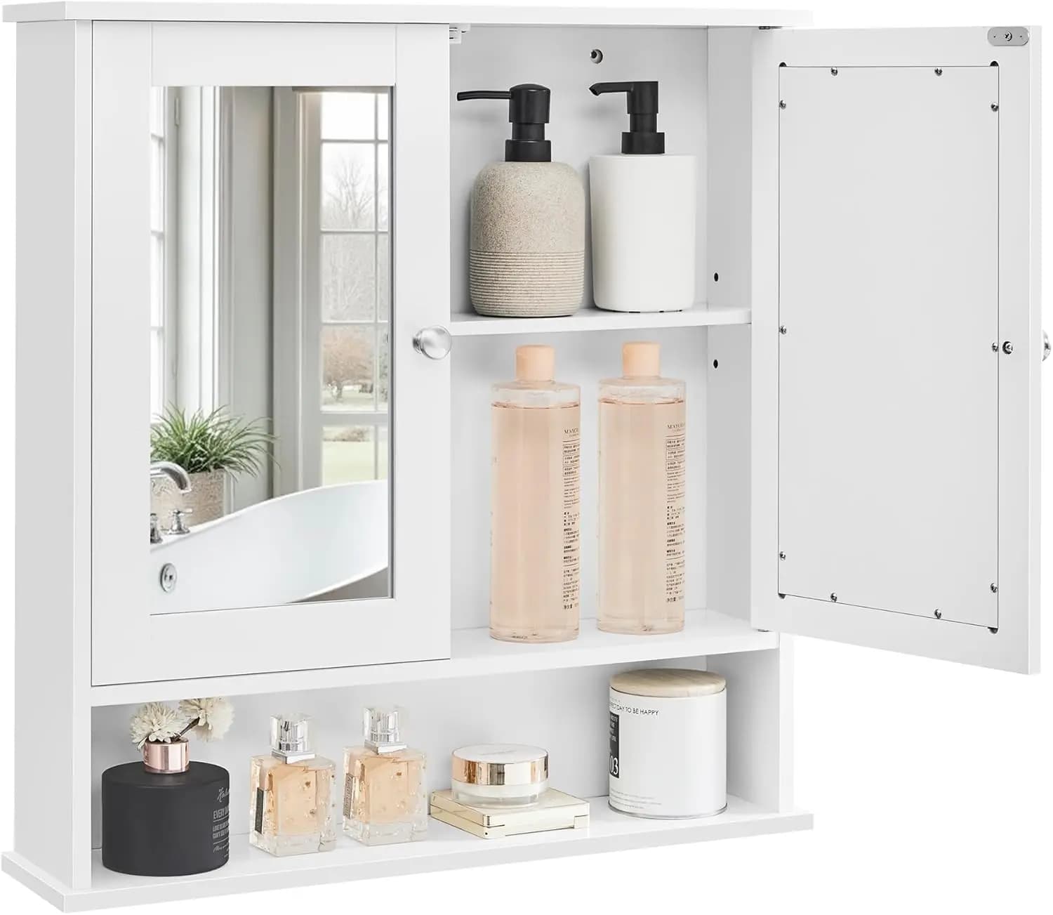 Mobiletto da bagno bianco a parete con specchio, ripiano regolabile, scomparto aperto, 5,1x22,2x23 pollici