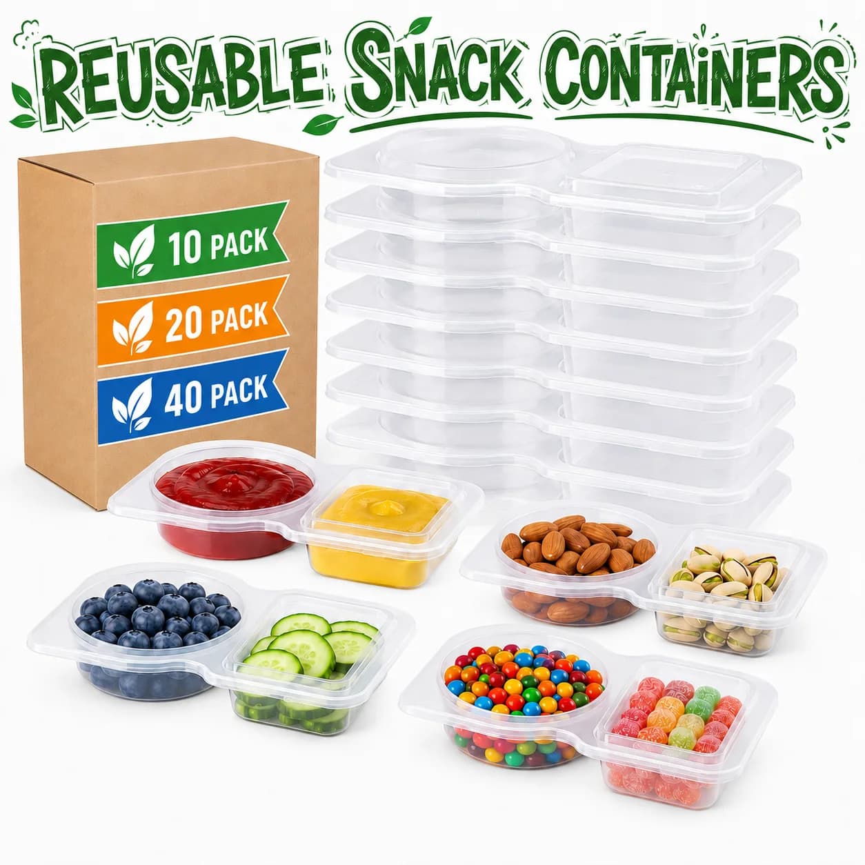 10/20/40 PACK Dual Compartment Condiment Containers With Lids Leakproof Plastic Snack Dip Cups For Lunch Box Daily Meal Prep