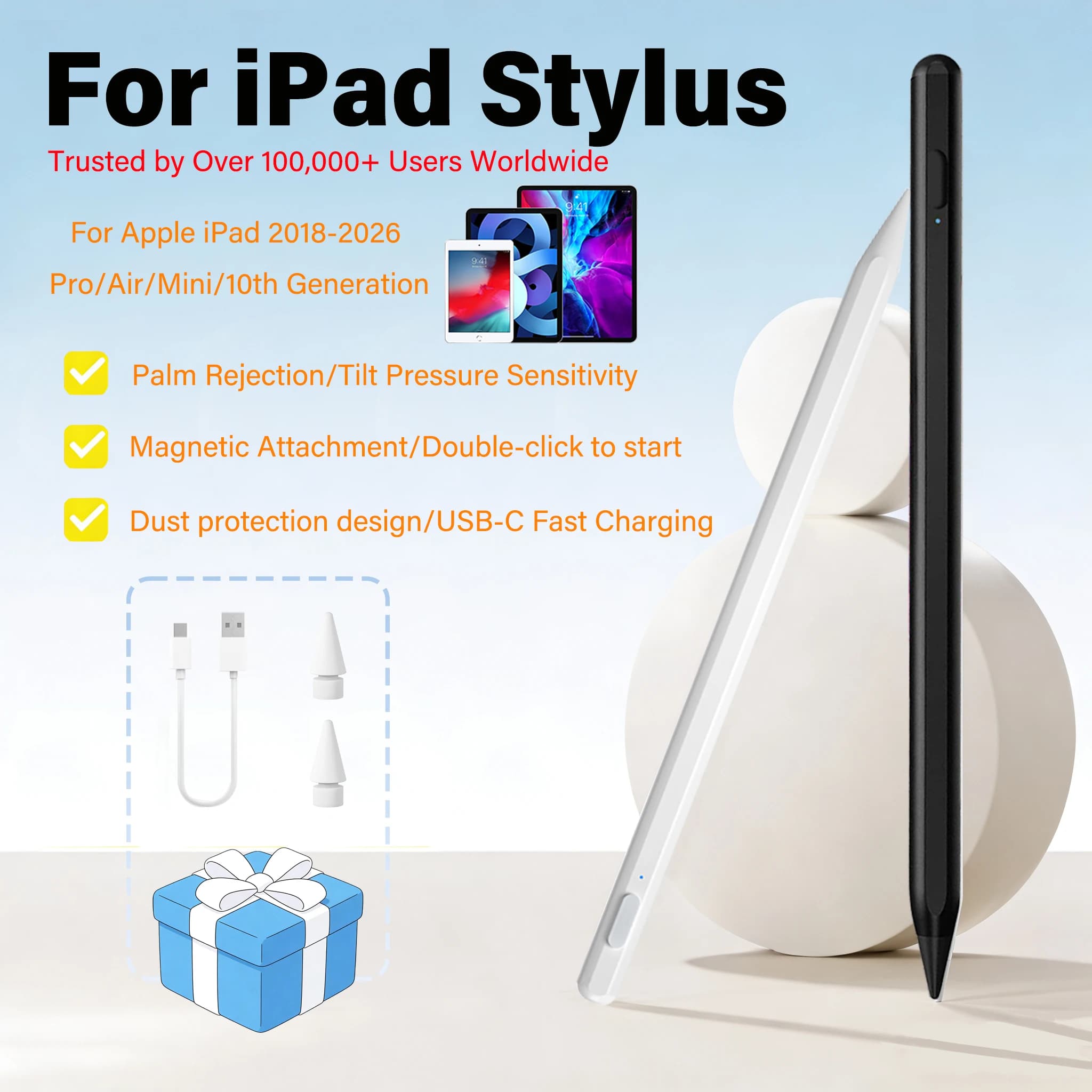 Stilo per Apple Pencil 2025 con ricarica wireless magnetica per iPad 11 13 M2 M3 Pro 12.9 11 Air 4 5 Mini 6, con rilevamento dell'inclinazione e rifiuto del palmo