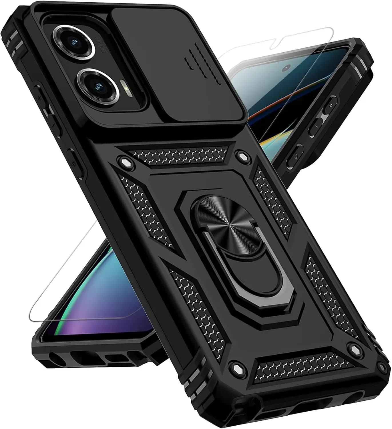 Custodia con Anello Magnetico e Supporto, Cover Scorrevole per Fotocamera e Protezione Schermo per Moto G Stylus 5G 2024, Nera