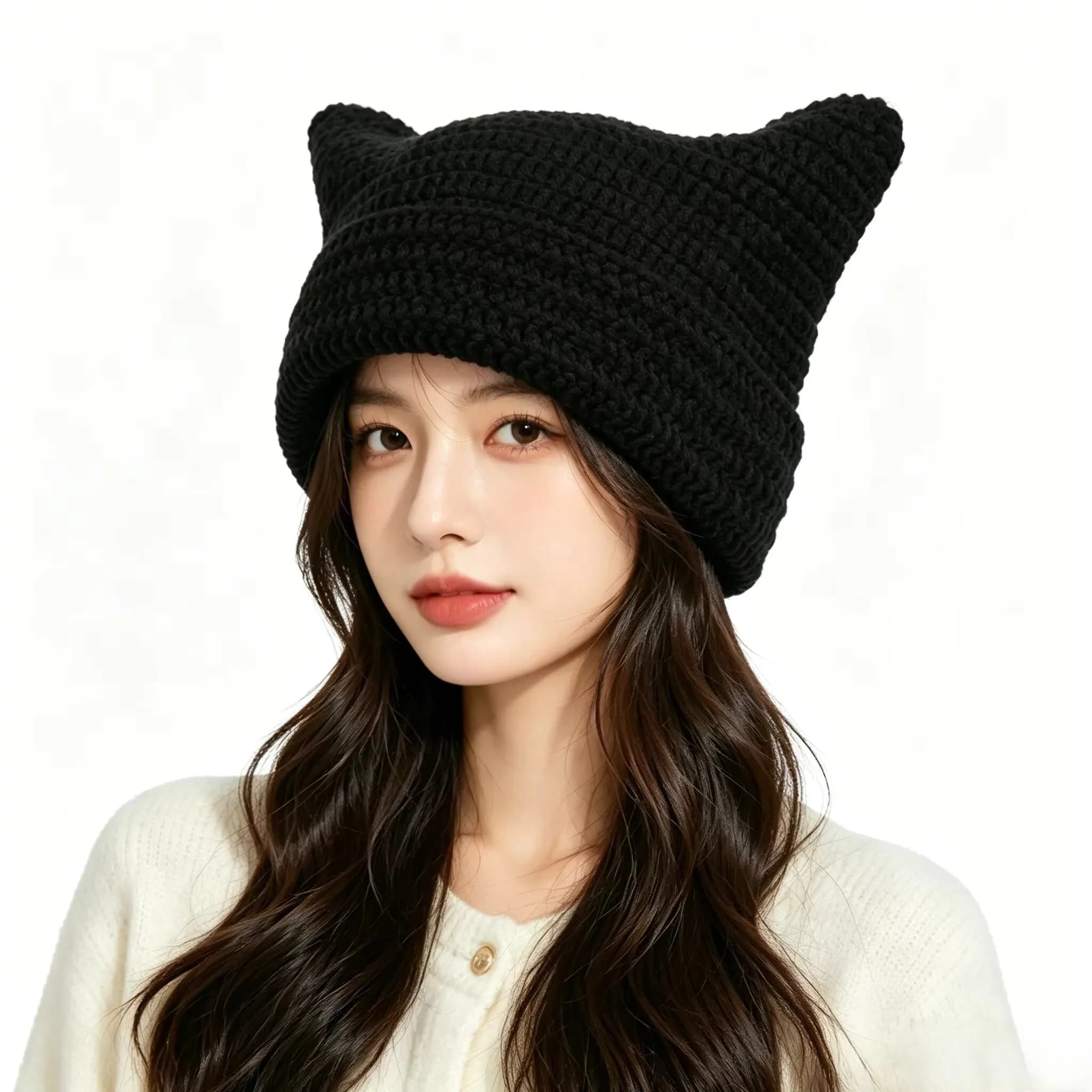 Cappello Lavorato a Maglia a Righe 'Piccolo Diavolo', Cappello per Grandi Circonferenze, Simpatico Cappello a Orecchie di Gatto, Cappello Protettivo per Feste