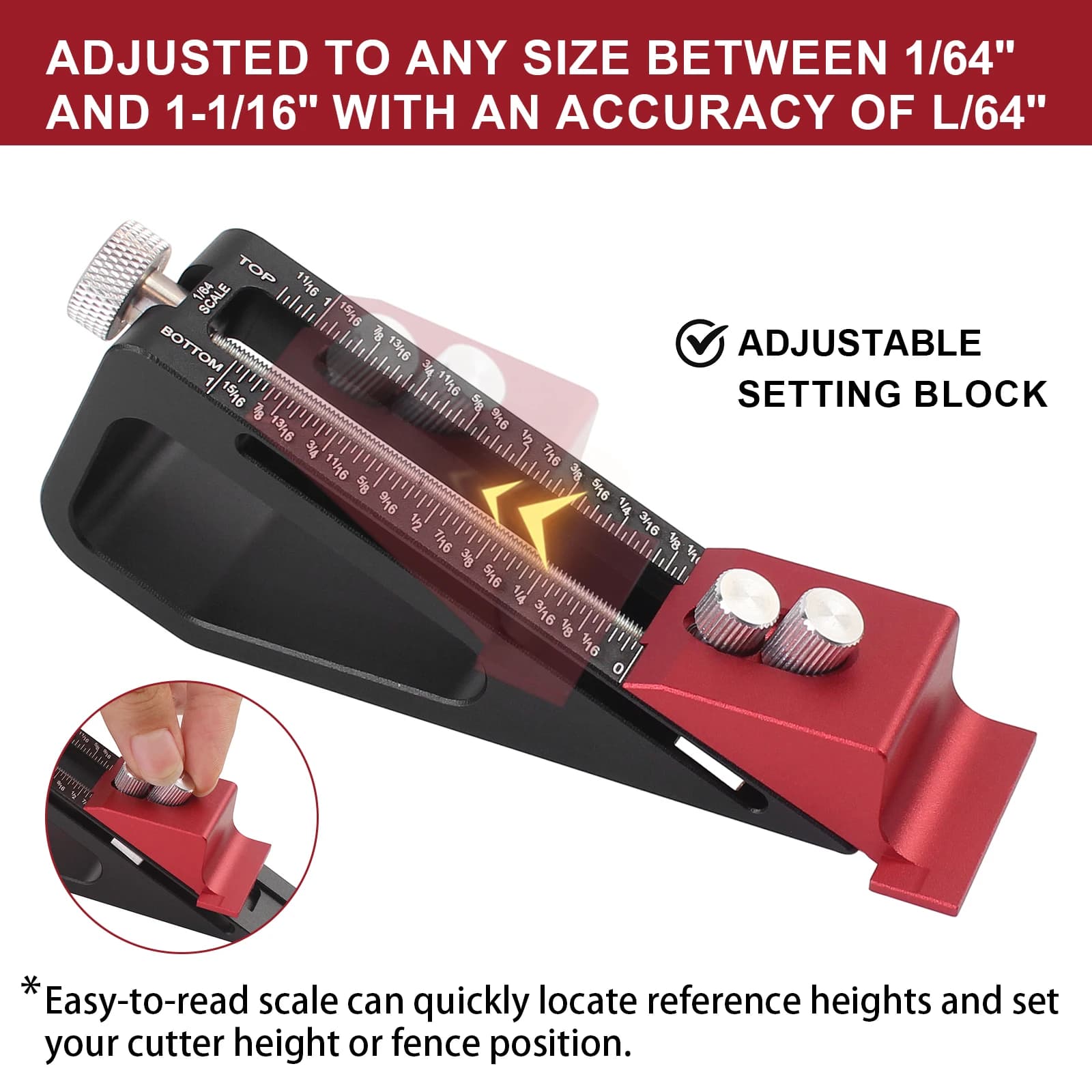 Calibro di altezza del blocco di installazione regolabile, per router e sega da tavolo per la lavorazione del legno, regolazione rapida da 1/64" a 1-1/16" e precisione bloccata