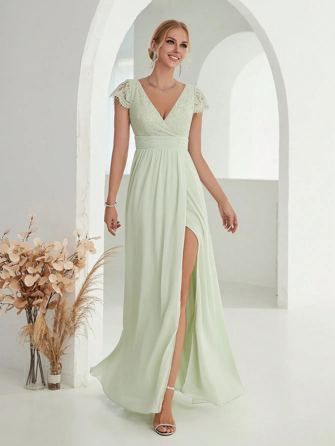 Mgiacy gonna lunga da festa in chiffon plissettato con paillettes in pizzo con scollo a V incrociato e spacco