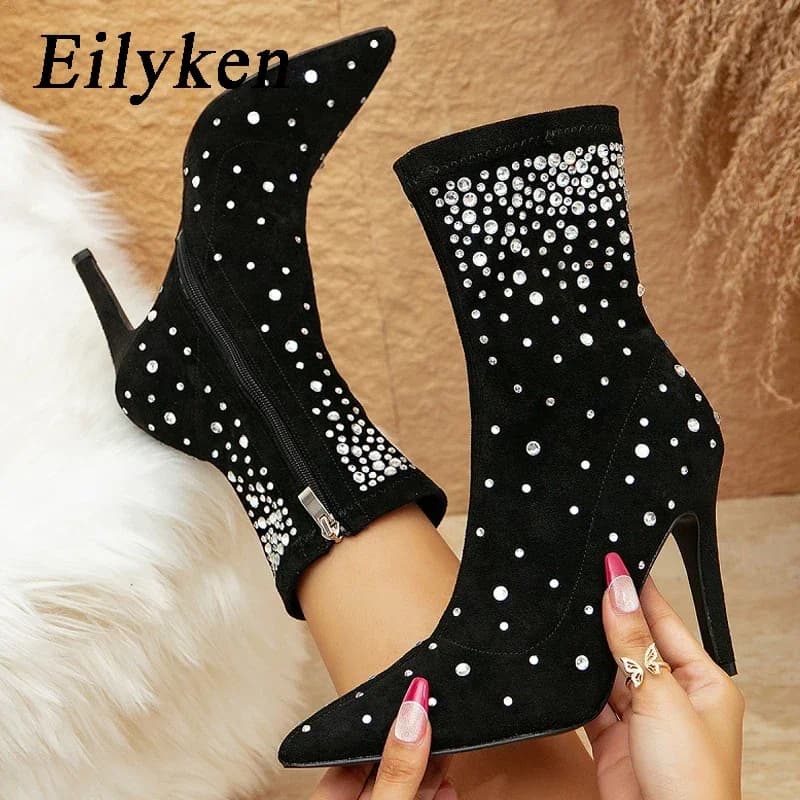 Eilyken Fashion Sexy Crystal Woman Ankle Boots Eelgant Thin High Heel Pointed Toe Side Zipper Shoes Botas De Mujer