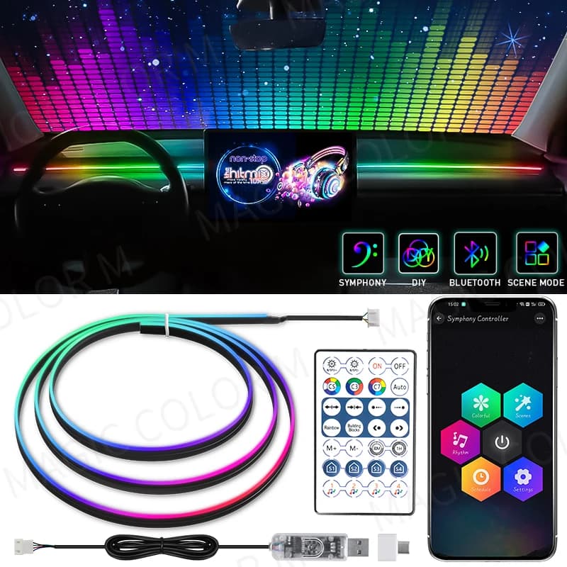 Vegetting 140cm Luci ambientali per auto LED Interni RGB Symphony Atmosphere Lampada USB APP Controllo remoto per Tesla Model 3 YSX