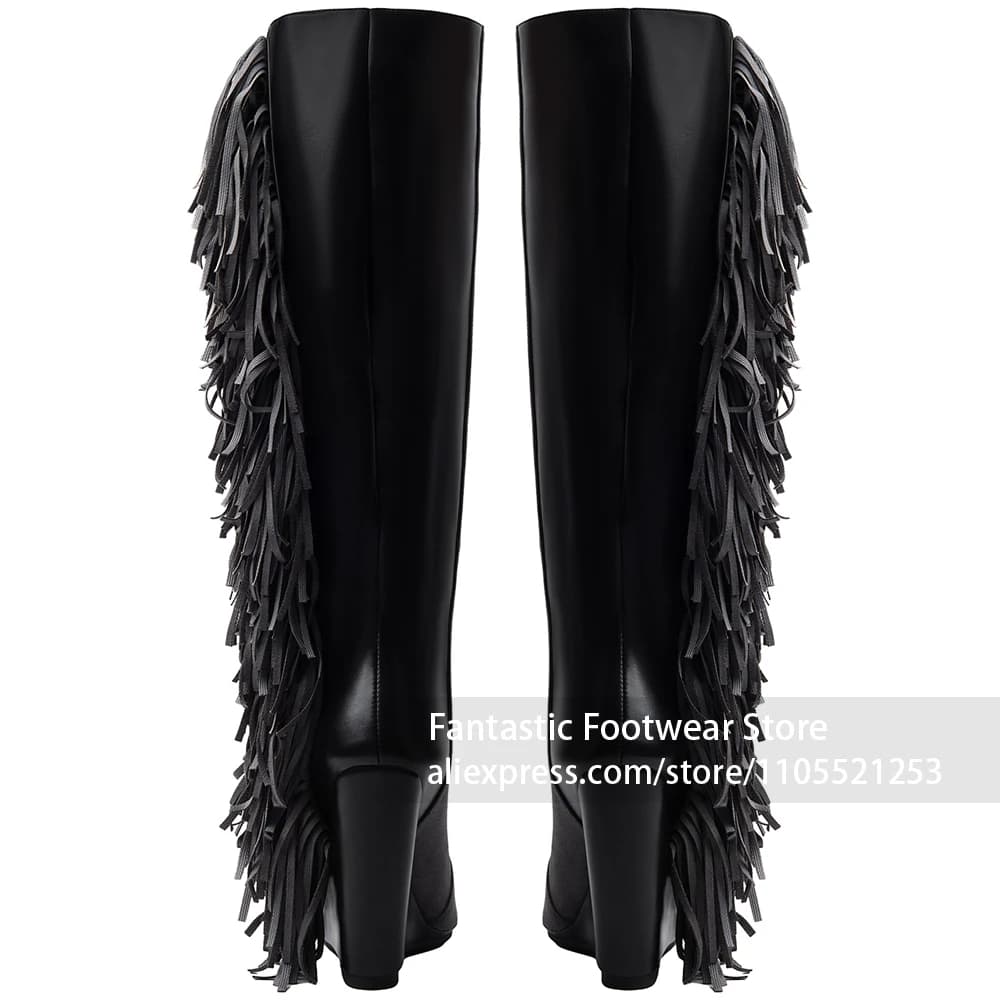 Long Side Tassel Fringe Ornament Decor Thigh-High Booties Faux Suede Upper Pointed Toe Thigh High Boots Festival Street Outfit