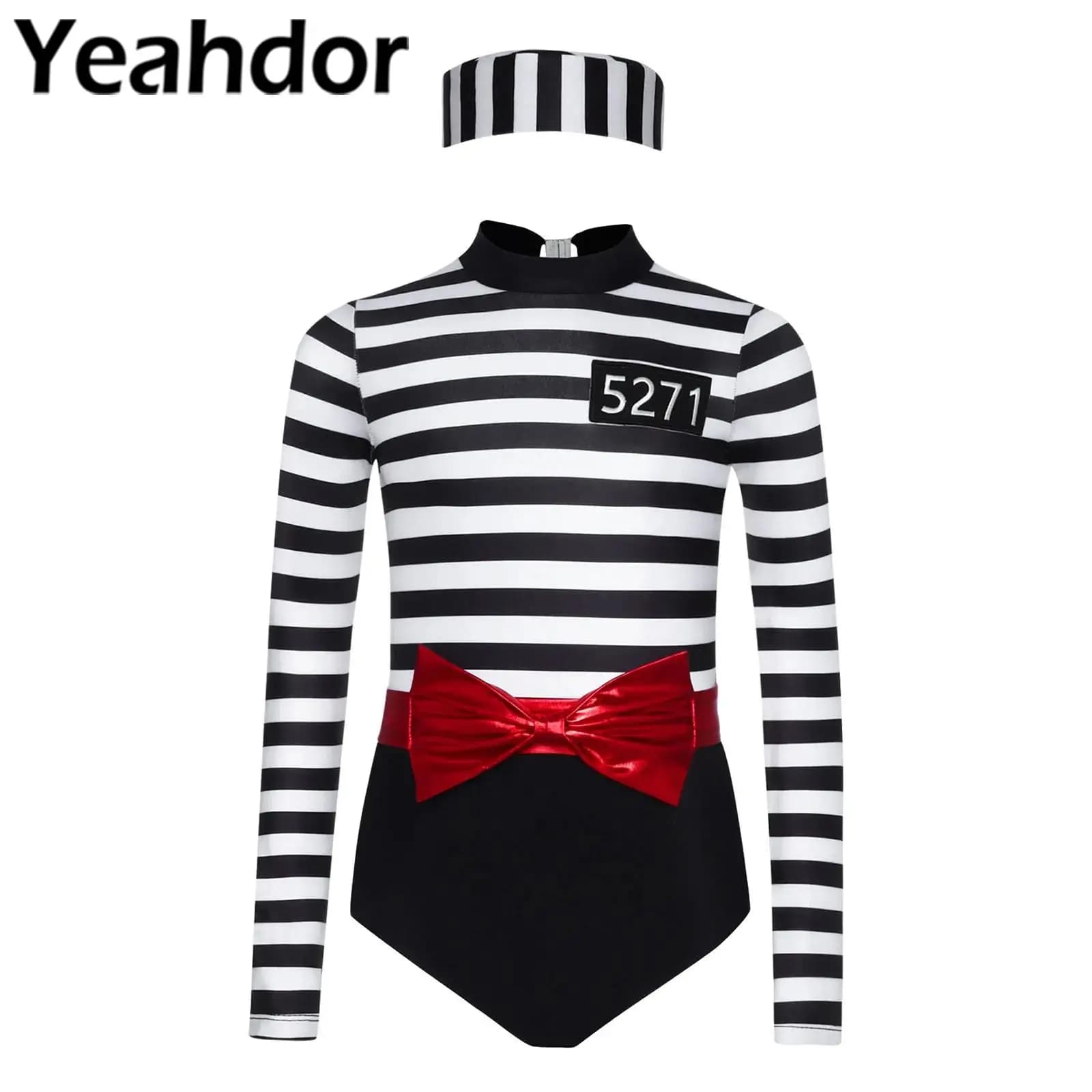 Costume cosplay da prigioniero per ragazze per bambini 3 pezzi Set da festa cosplay Tuta a maniche lunghe con cintura in vita con fiocco e berretto Vestito da carnevale