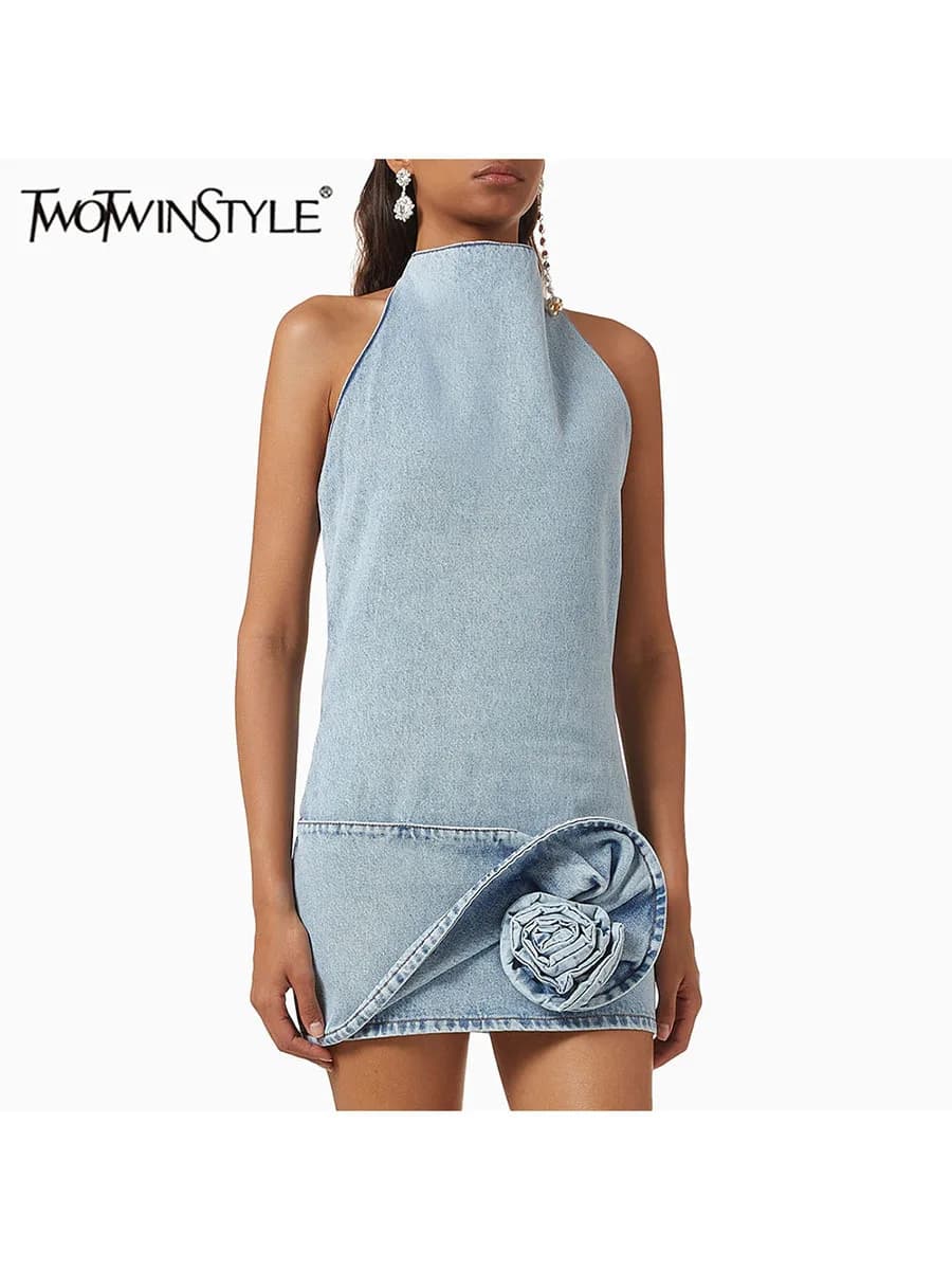 TWOTWINSTYLE Solido Impiombato Appliques Abiti Minimalisti Per Le Donne Halter Senza Maniche A Vita Alta Backless Vestito Femminile Nuovi Vestiti