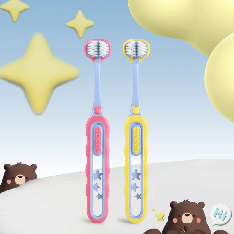 Toothbrush for children on 3 sides (3-12 years) - Extra soft bristles for teeth protection and whitening, 360 ° Essential travel for oral hygiene