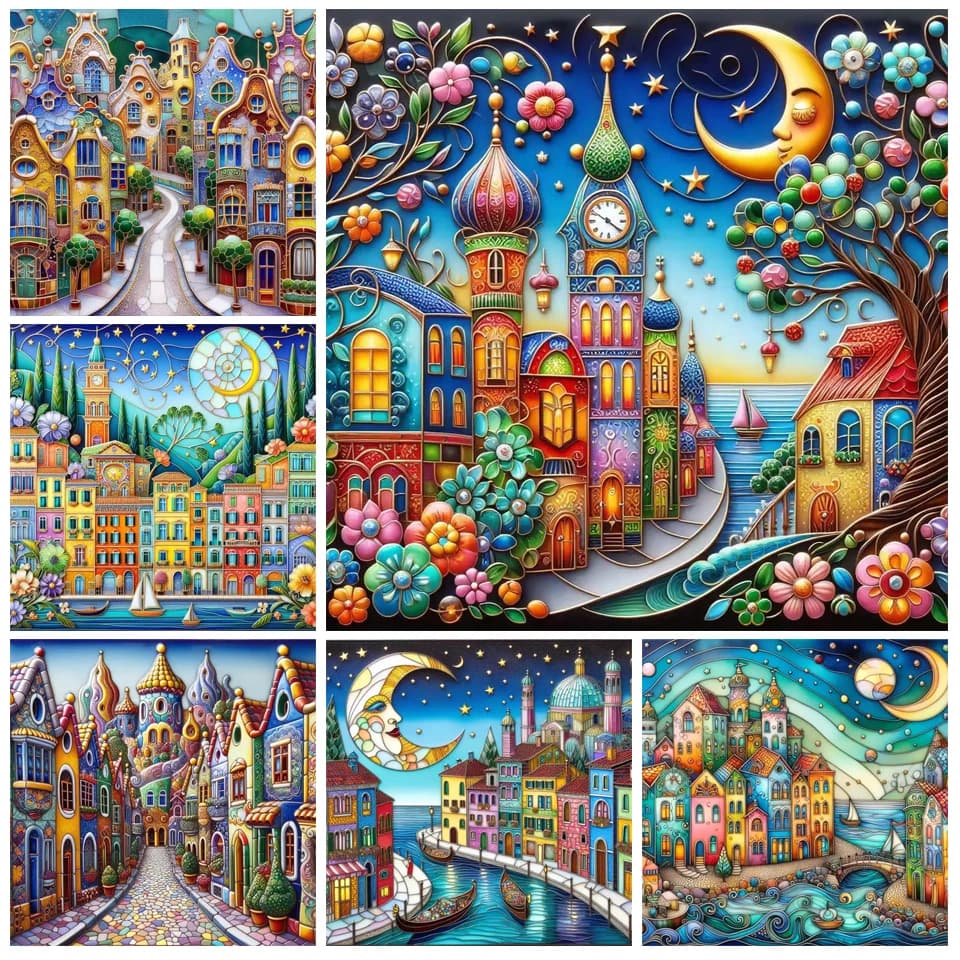 Whimsical World Town Landscape 5D Full Round Diamond Painting Kits Comic Magic Kingdom DIY Drills Mosaic Embroidery Cross-stitch