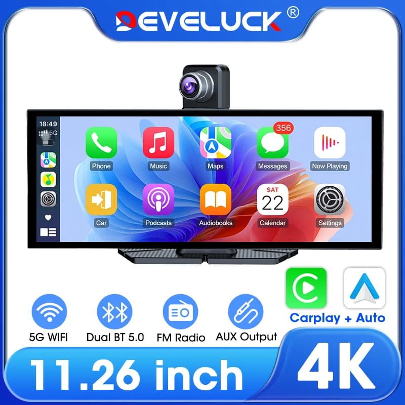 Develuck 11.26 pollici 4K Wireless CarPlay Schermo Android Auto Lettore Multimediale Registratore di Guida WIFI Auto DVR Telecamera Retrovisore AUX