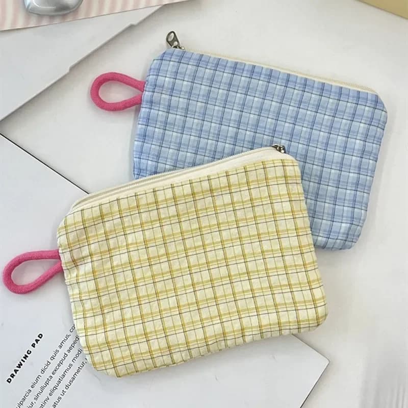 Piccola Borsa Organizer Portatile a Quadretti per Cosmetici, Rossetti, Chiavi, Cavi Dati - Pochette da Viaggio per Ragazze, Porta Trucchi e Portafoglio