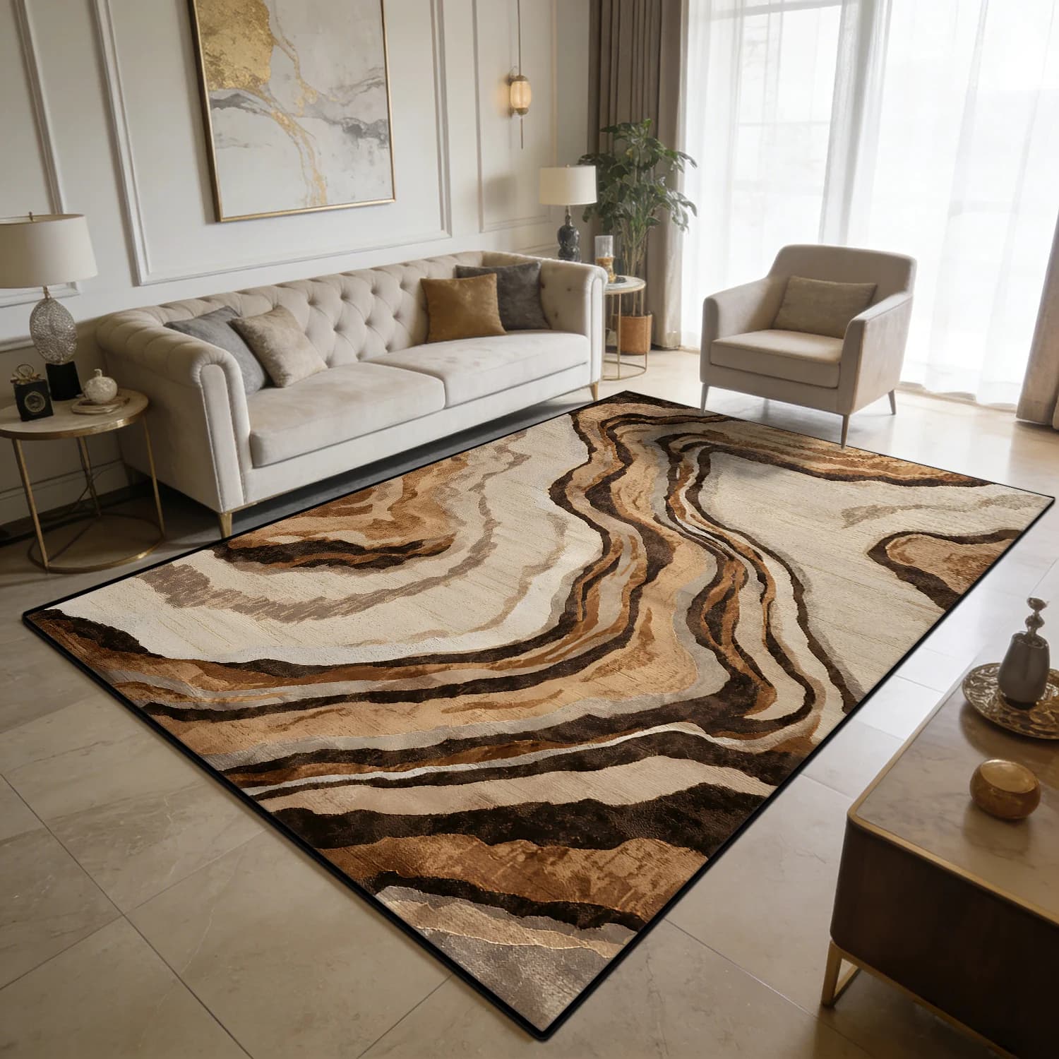 Chic Abstract Wavy Striped Area Rug Modern Bohemian Neutral Beige Brown Natural Style Living Room Floor Decor Carpet