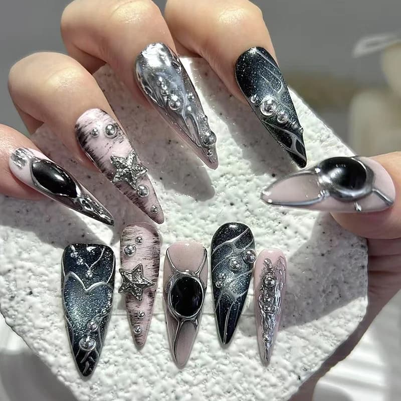 10 pezzi y2k metallico punk stile stampa fatta a mano sulle unghie nero rosa metallo pesante spezie ragazze unghie false rimovibili riutilizzabili