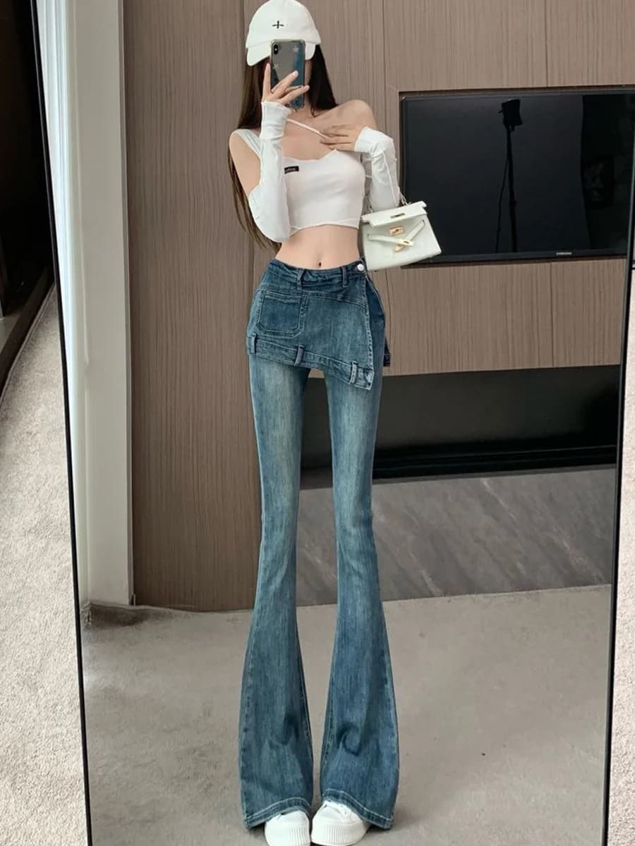 Jeans a Zampa d'Elefante Stile Americano a Vita Alta Elasticizzati per Donna, Pantaloni in Denim Casual, Nuova Collezione Estiva, Colore Blu
