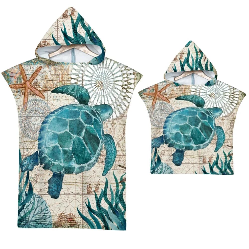 Asciugamano da bagno tartaruga marina Mantello con cappuccio ad asciugatura rapida Asciugamano grande Asciugamano da spiaggia in microfibra Muta Poncho genitore-figlio per adulti Accappatoio