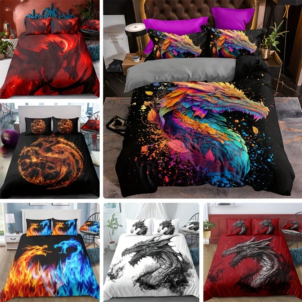 Set copripiumino 3 pezzi, set biancheria da letto con stampa drago mistico, copripiumino morbido e confortevole, per camera da letto, decorazione della stanza degli ospiti