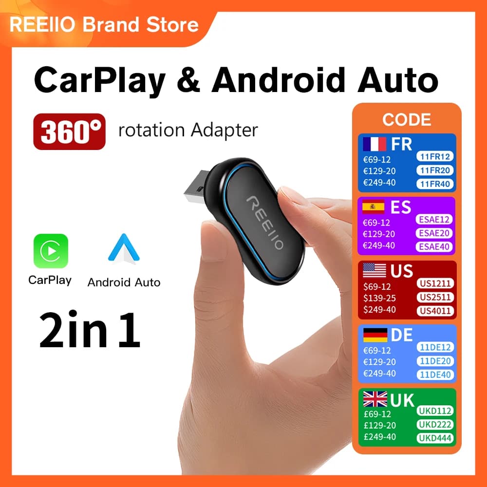 REEIIONew Adattatore wireless 2 in 1 da 360 gradi CarPlay Android AUTO Dongle per auto USB Smart Mini Box Plug & Play WiFi Connessione veloce